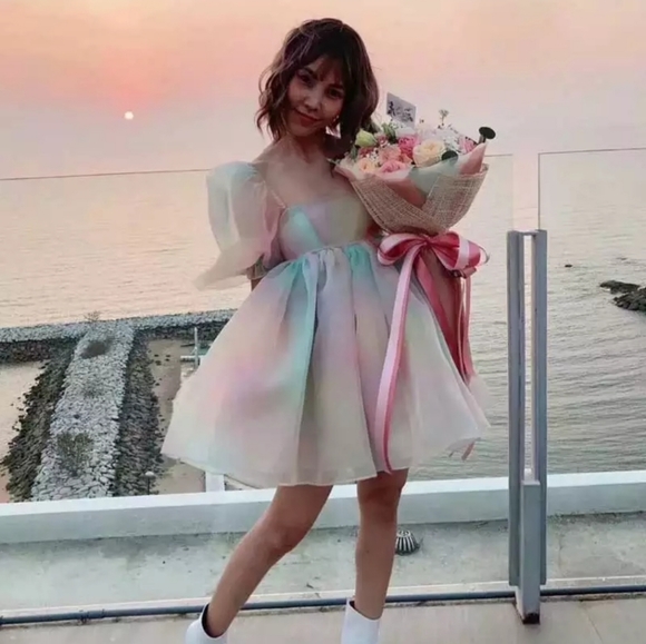 Dresses & Skirts - Babydoll Rainbow Tie Dye Puff Sleeve Mini Dress